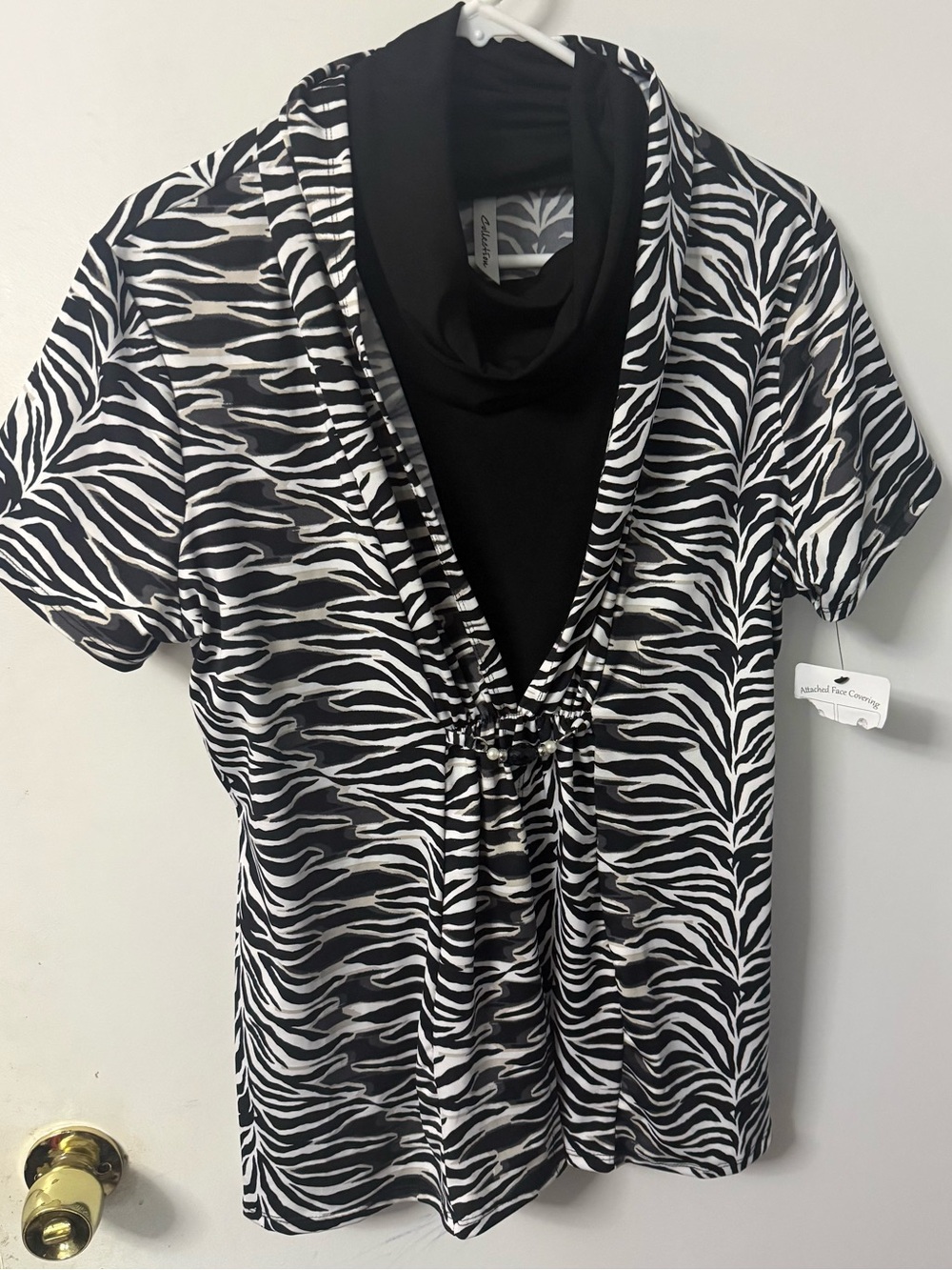 Zebra-Print Cowl Neck Tunic Top in Black and White